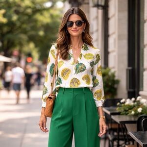 Herzens Angelegenheit Leaf Print Split Neck Silk Blouse